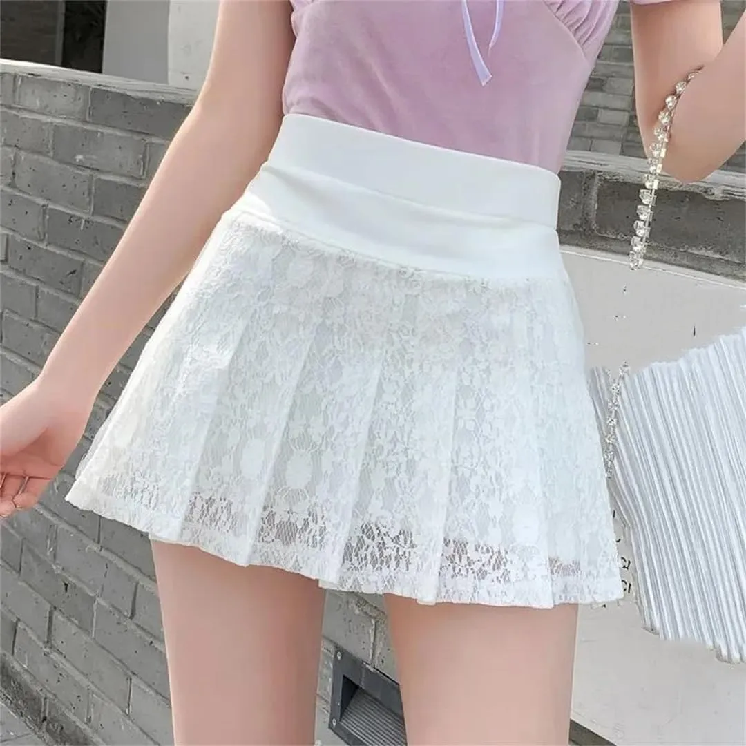 Women Summer High Waist Mini Skirt Lace Student Fashion Pleated A-Line Skirts