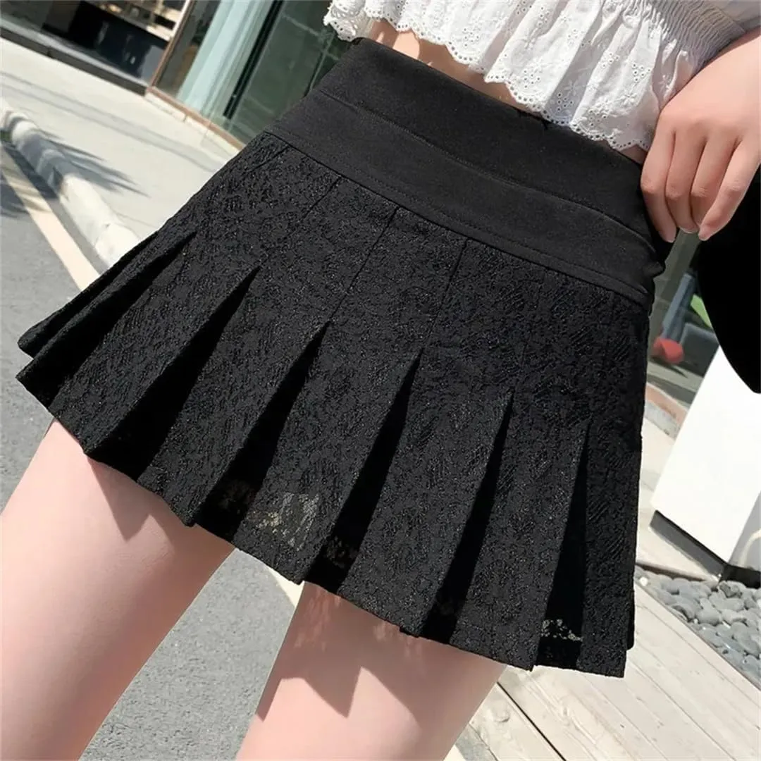 Women Summer High Waist Mini Skirt Lace Student Fashion Pleated A-Line Skirts