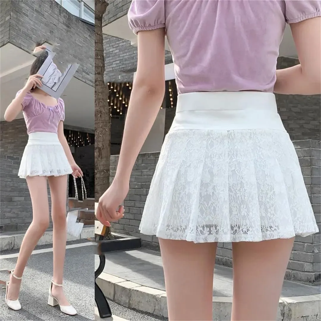 Women Summer High Waist Mini Skirt Lace Student Fashion Pleated A-Line Skirts