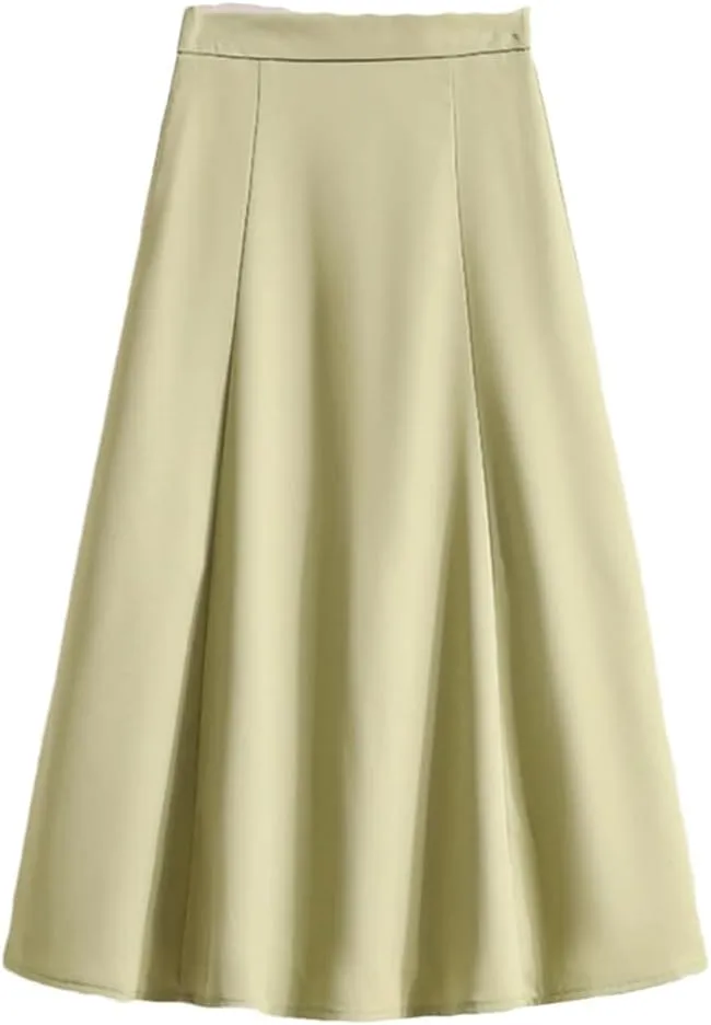 Women Summer High Waist Solid Color A Line Casual Mid Calf Straight Skirt