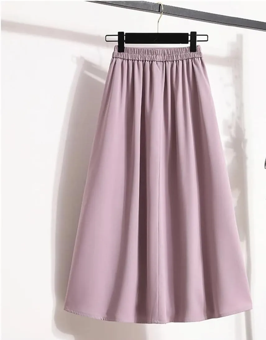 Women Summer High Waist Solid Color A Line Casual Mid Calf Straight Skirt
