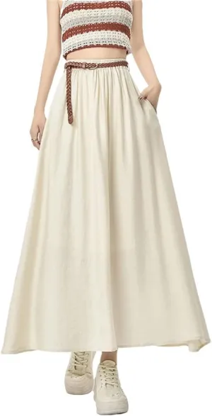 Women Summer Midi Umbrella Skirt for High Waist Solid Casual Loose A-Line Long Skirts