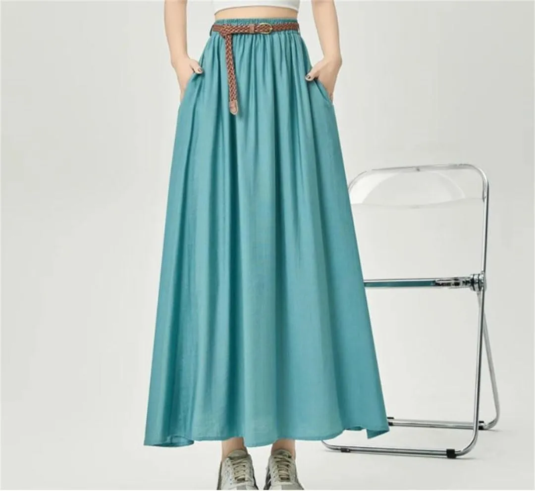 Women Summer Midi Umbrella Skirt for High Waist Solid Casual Loose A-Line Long Skirts