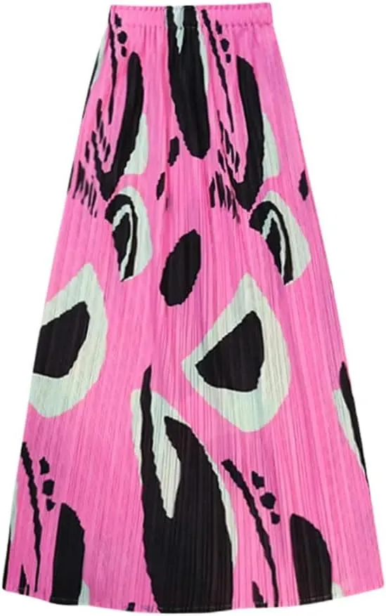 Women Summer Pleated Floral Skirts for High Waist Casual Loose Beach Midi Skirts