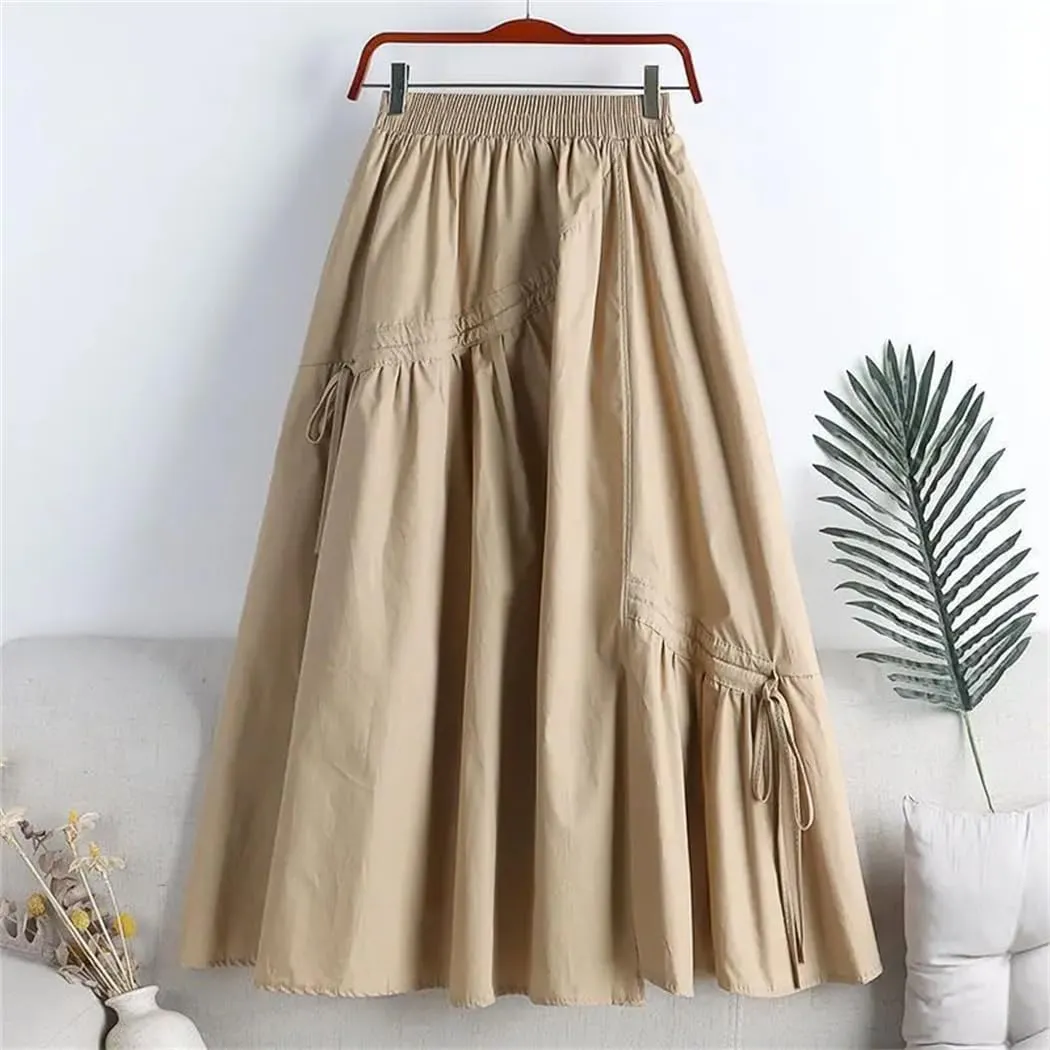 Women Summer Solid Colors Midi Skirts Irregular Loose Office Lady Basic A-Line High Waist Skirt