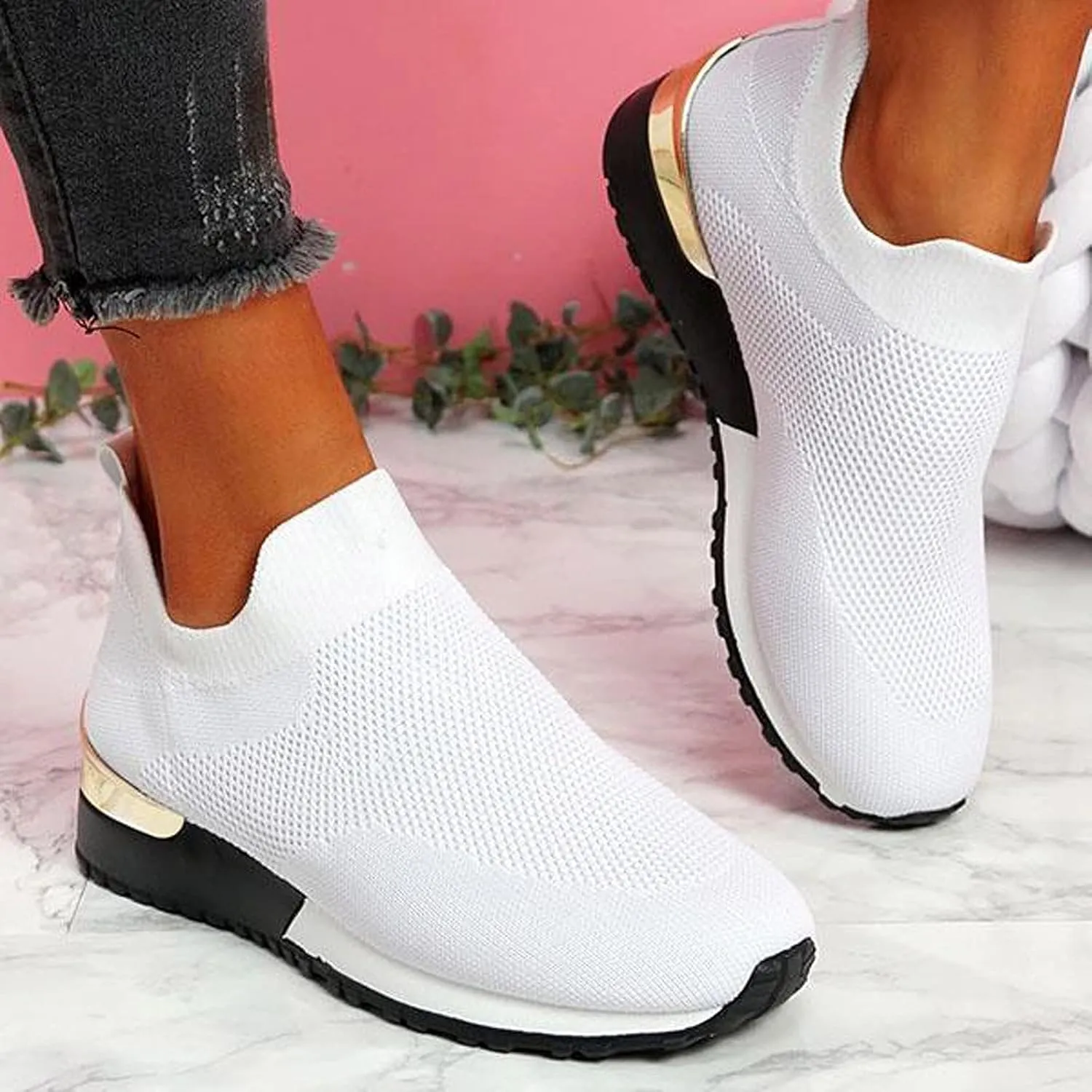 Women Woven Sneakers Comfortable Lightweight Breathable Casual Sneakers with Arch Support Mesh Slip On Walking Shoes