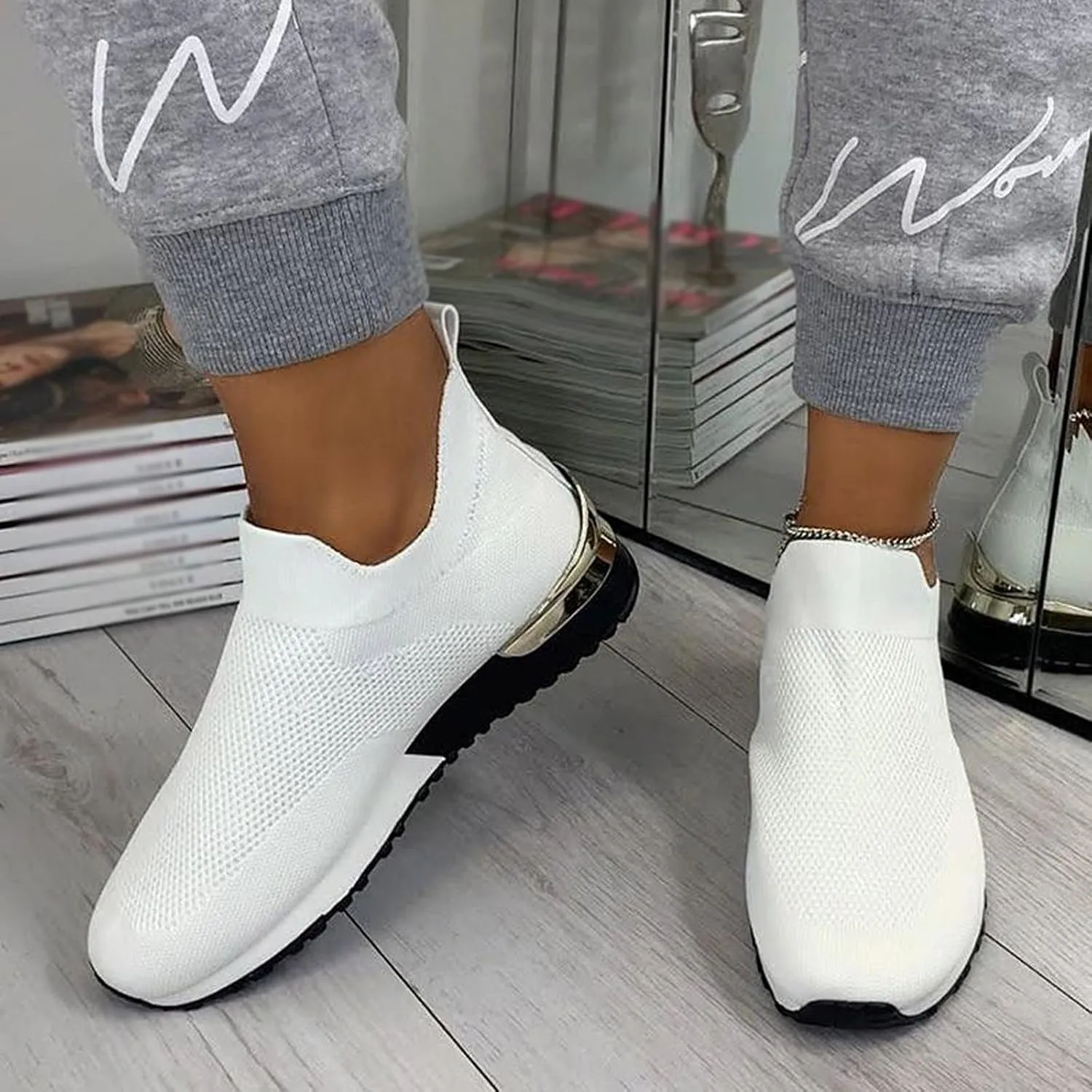 Women Woven Sneakers Comfortable Lightweight Breathable Casual Sneakers with Arch Support Mesh Slip On Walking Shoes