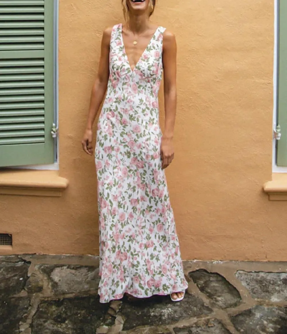Women Y2k Bodycon Maxi Dress Vintage Floral Print Long Dress Sleeveless Open Back Deep V Neck Tank Sundress