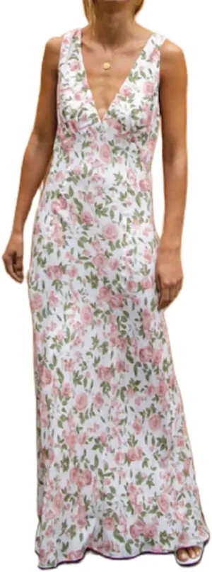 Women Y2k Bodycon Maxi Dress Vintage Floral Print Long Dress Sleeveless Open Back Deep V Neck Tank Sundress