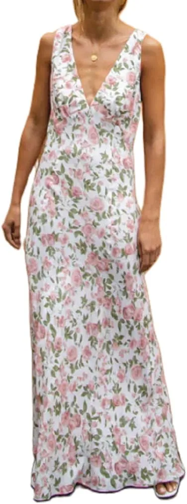 Women Y2k Bodycon Maxi Dress Vintage Floral Print Long Dress Sleeveless Open Back Deep V Neck Tank Sundress