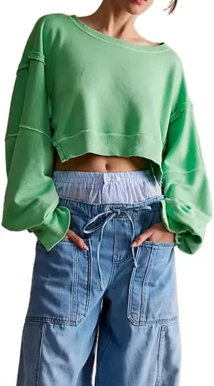Women Y2K Cropped Sweatshirt Long Sleeve Scoop Neck Preppy Sweatshirts Going Out Oversized Pullover Top