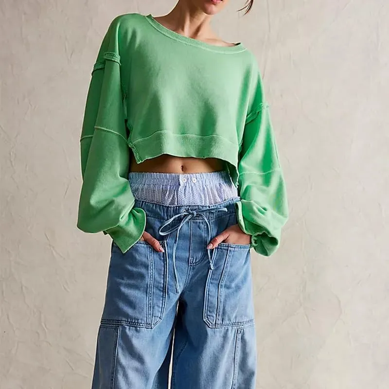 Women Y2K Cropped Sweatshirt Long Sleeve Scoop Neck Preppy Sweatshirts Going Out Oversized Pullover Top