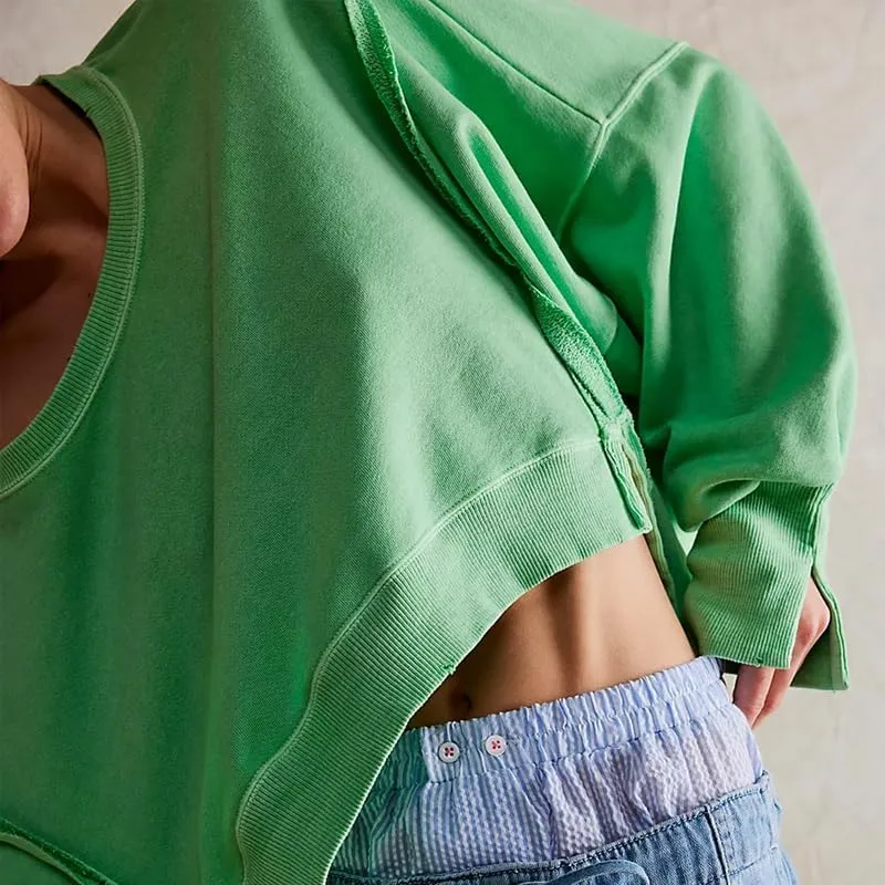 Women Y2K Cropped Sweatshirt Long Sleeve Scoop Neck Preppy Sweatshirts Going Out Oversized Pullover Top