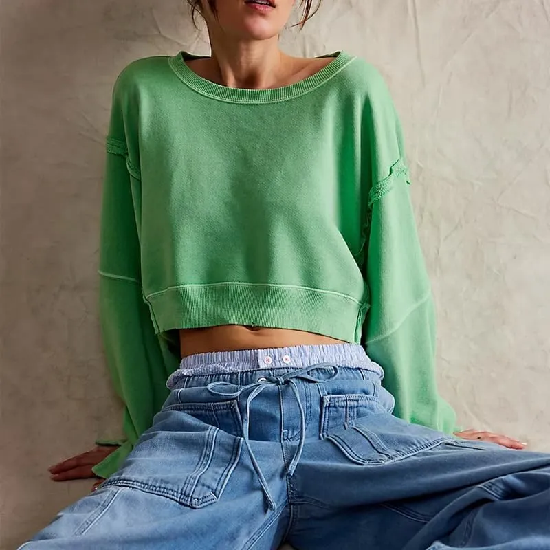 Women Y2K Cropped Sweatshirt Long Sleeve Scoop Neck Preppy Sweatshirts Going Out Oversized Pullover Top