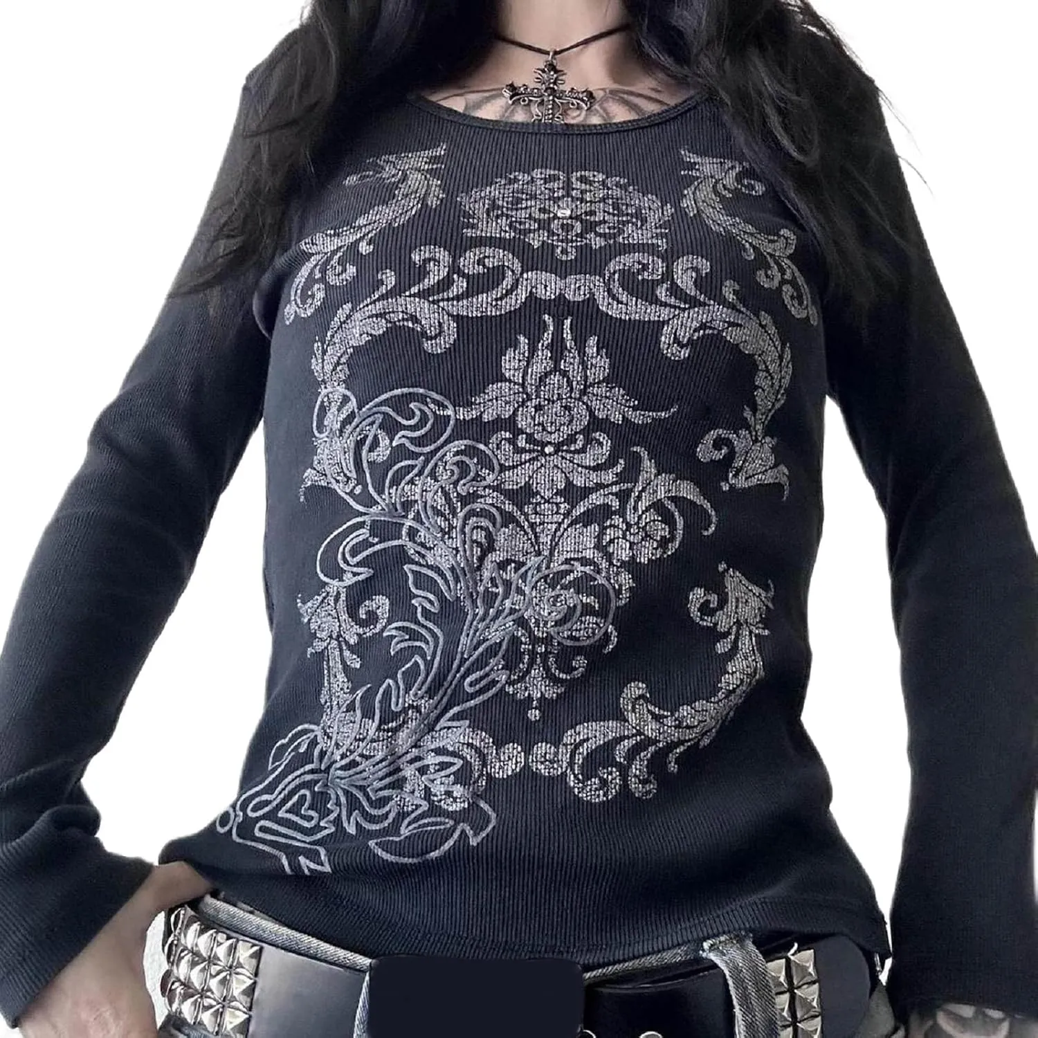 Women Y2k Long Sleeve Grunge Shirts Vintage Gothic Graphic Tees Top Teen Girls Aesthetic T Shirt Emo Clothes