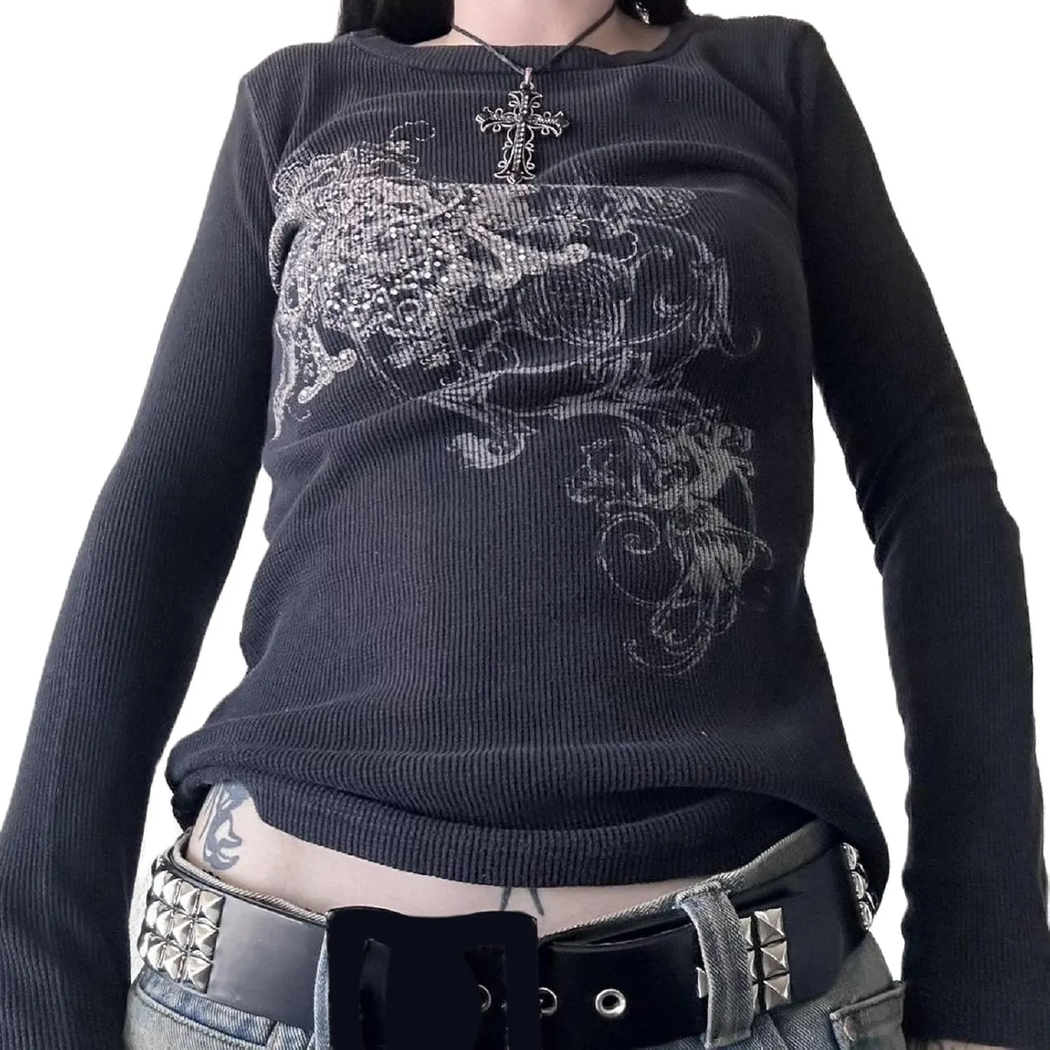 Women Y2k Long Sleeve Grunge Shirts Vintage Gothic Graphic Tees Top Teen Girls Aesthetic T Shirt Emo Clothes