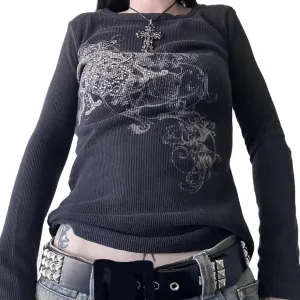 Women Y2k Long Sleeve Grunge Shirts Vintage Gothic Graphic Tees Top Teen Girls Aesthetic T Shirt Emo Clothes