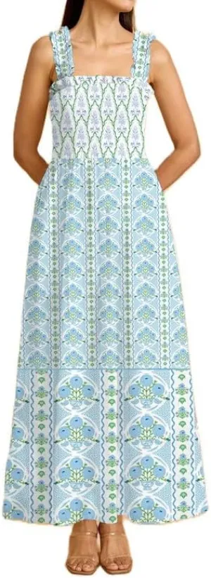 Women Y2K Patchwork Floral Maxi Dress Tie Shoulder Smocked A Line Flowy Long Dress Boho Ruffle Beach Sundress