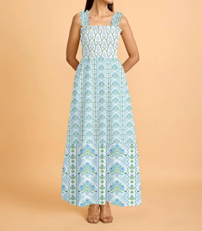 Women Y2K Patchwork Floral Maxi Dress Tie Shoulder Smocked A Line Flowy Long Dress Boho Ruffle Beach Sundress