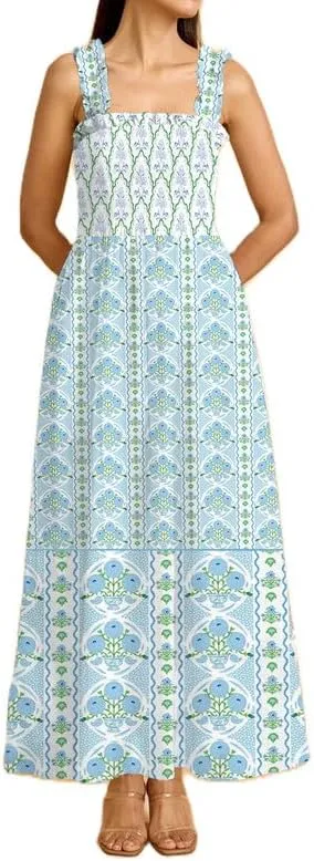 Women Y2K Patchwork Floral Maxi Dress Tie Shoulder Smocked A Line Flowy Long Dress Boho Ruffle Beach Sundress