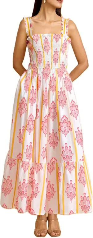 Women Y2K Patchwork Floral Maxi Dress Tie Shoulder Smocked A Line Flowy Long Dress Boho Ruffle Beach Sundress