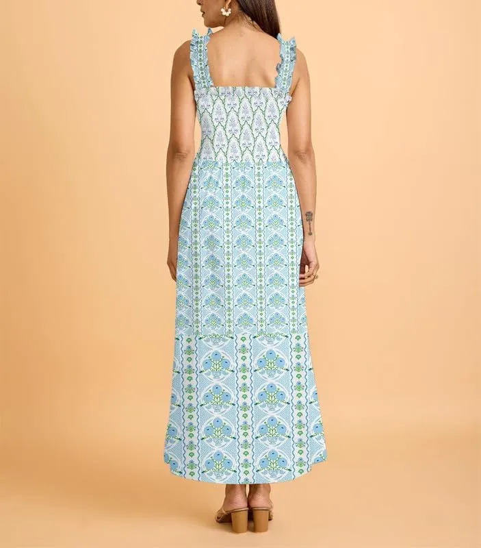 Women Y2K Patchwork Floral Maxi Dress Tie Shoulder Smocked A Line Flowy Long Dress Boho Ruffle Beach Sundress
