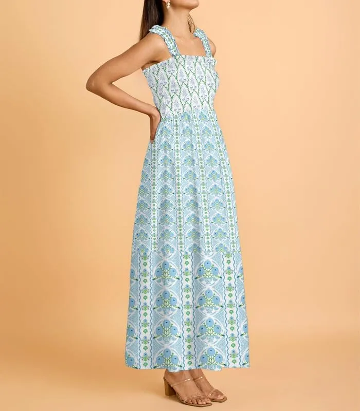 Women Y2K Patchwork Floral Maxi Dress Tie Shoulder Smocked A Line Flowy Long Dress Boho Ruffle Beach Sundress