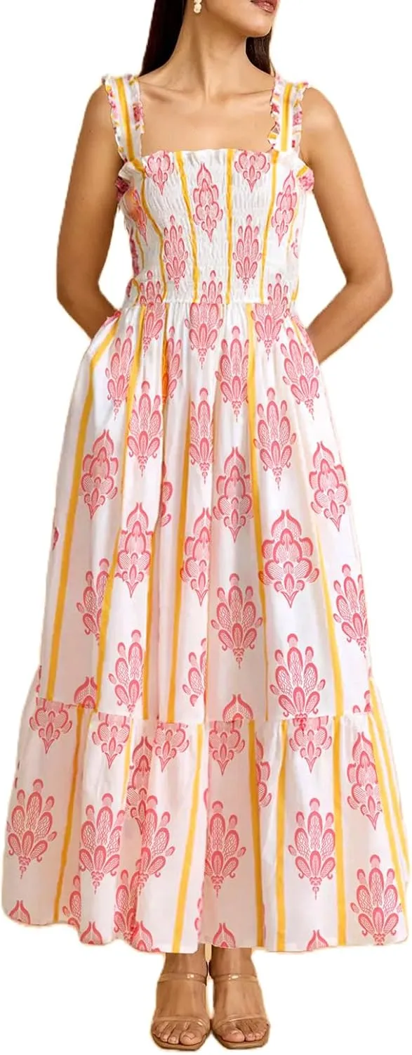 Women Y2K Patchwork Floral Maxi Dress Tie Shoulder Smocked A Line Flowy Long Dress Boho Ruffle Beach Sundress