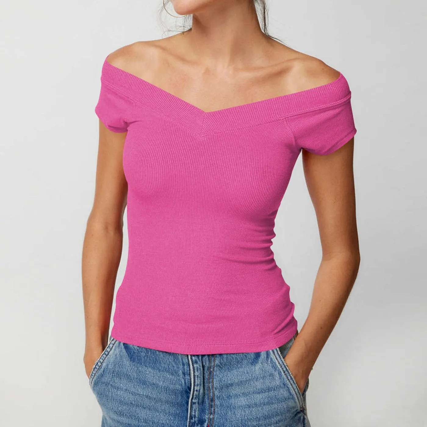 Women Y2k Short Sleeve V Neck Off Shoulder Rib Knit T Shirt Summer Casual Basic Solid Slim Fit Tee Tops Streetwear