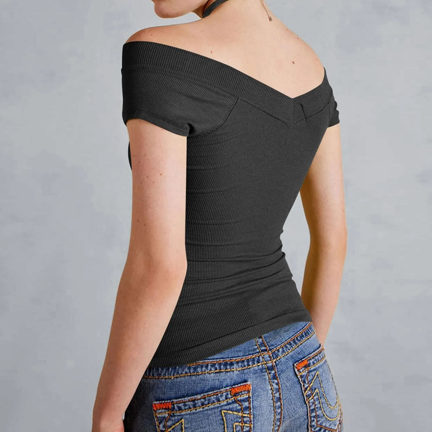 Women Y2k Short Sleeve V Neck Off Shoulder Rib Knit T Shirt Summer Casual Basic Solid Slim Fit Tee Tops Streetwear