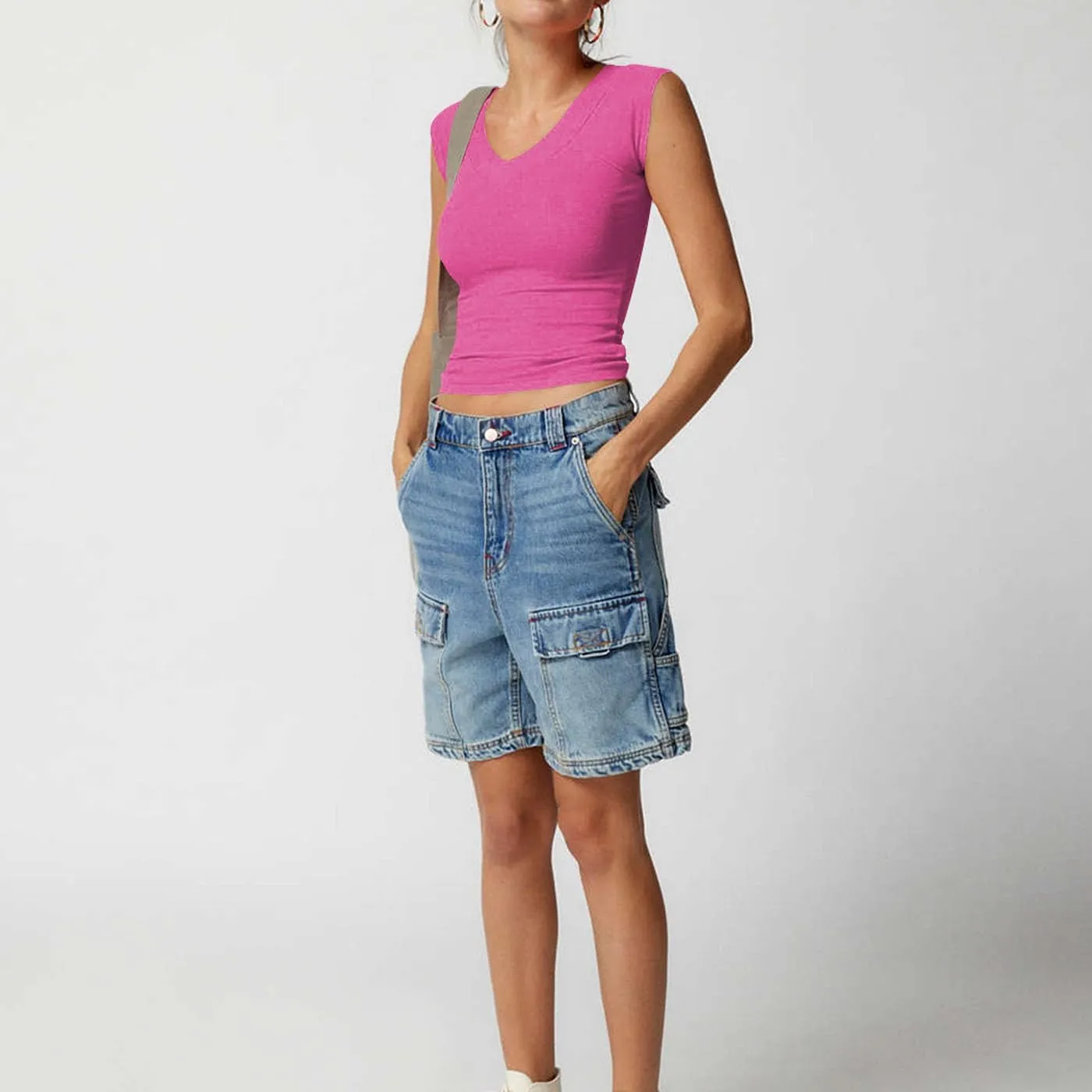 Women Y2k Short Sleeve V Neck Off Shoulder Rib Knit T Shirt Summer Casual Basic Solid Slim Fit Tee Tops Streetwear