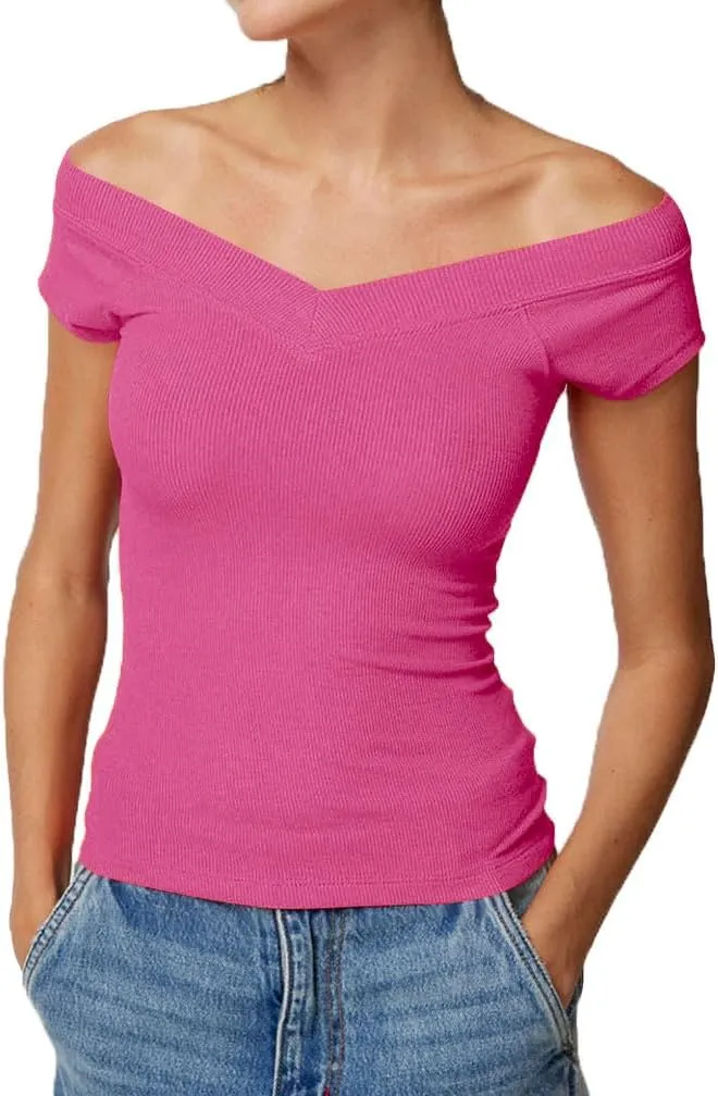 Women Y2k Short Sleeve V Neck Off Shoulder Rib Knit T Shirt Summer Casual Basic Solid Slim Fit Tee Tops Streetwear