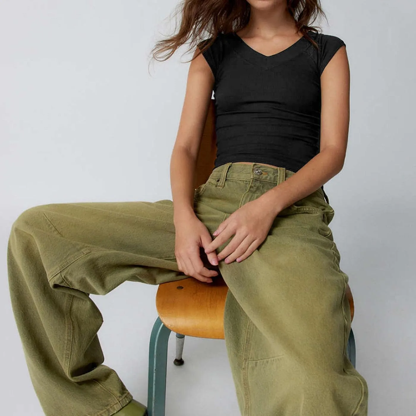 Women Y2k Short Sleeve V Neck Off Shoulder Rib Knit T Shirt Summer Casual Basic Solid Slim Fit Tee Tops Streetwear