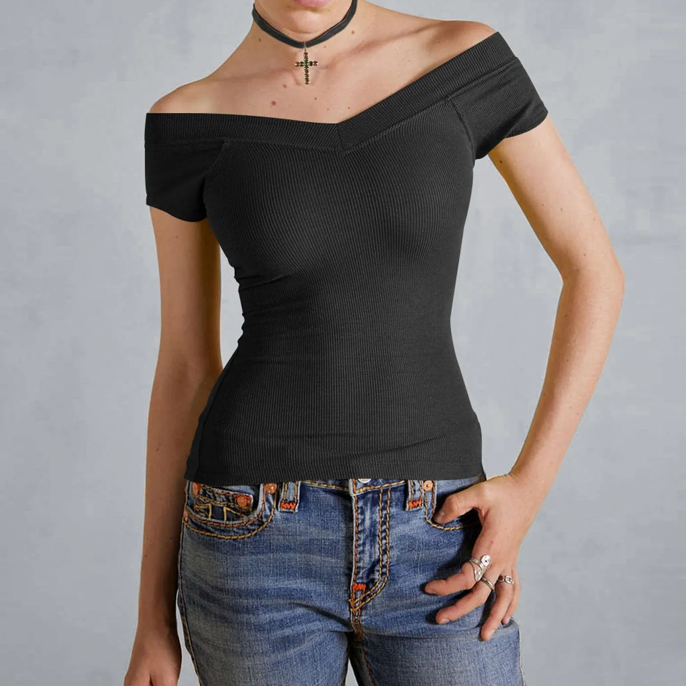Women Y2k Short Sleeve V Neck Off Shoulder Rib Knit T Shirt Summer Casual Basic Solid Slim Fit Tee Tops Streetwear