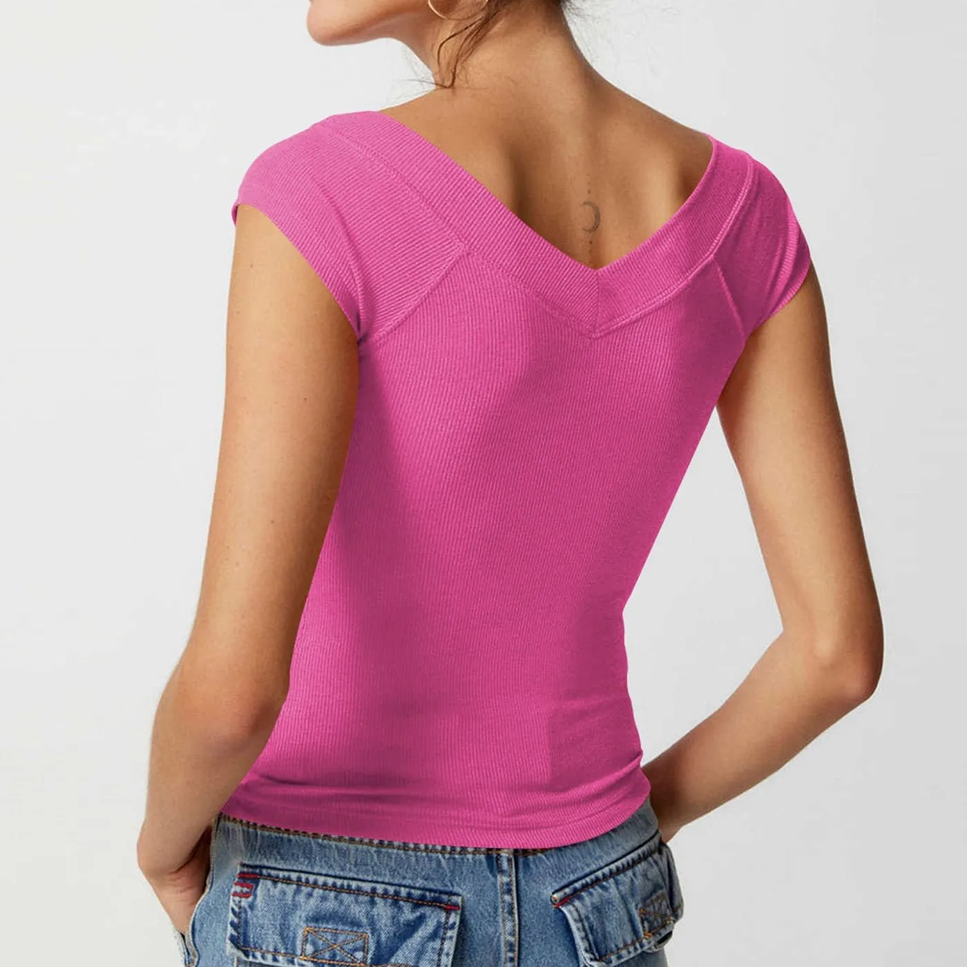 Women Y2k Short Sleeve V Neck Off Shoulder Rib Knit T Shirt Summer Casual Basic Solid Slim Fit Tee Tops Streetwear