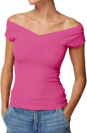 Women Y2k Short Sleeve V Neck Off Shoulder Rib Knit T Shirt Summer Casual Basic Solid Slim Fit Tee Tops Streetwear