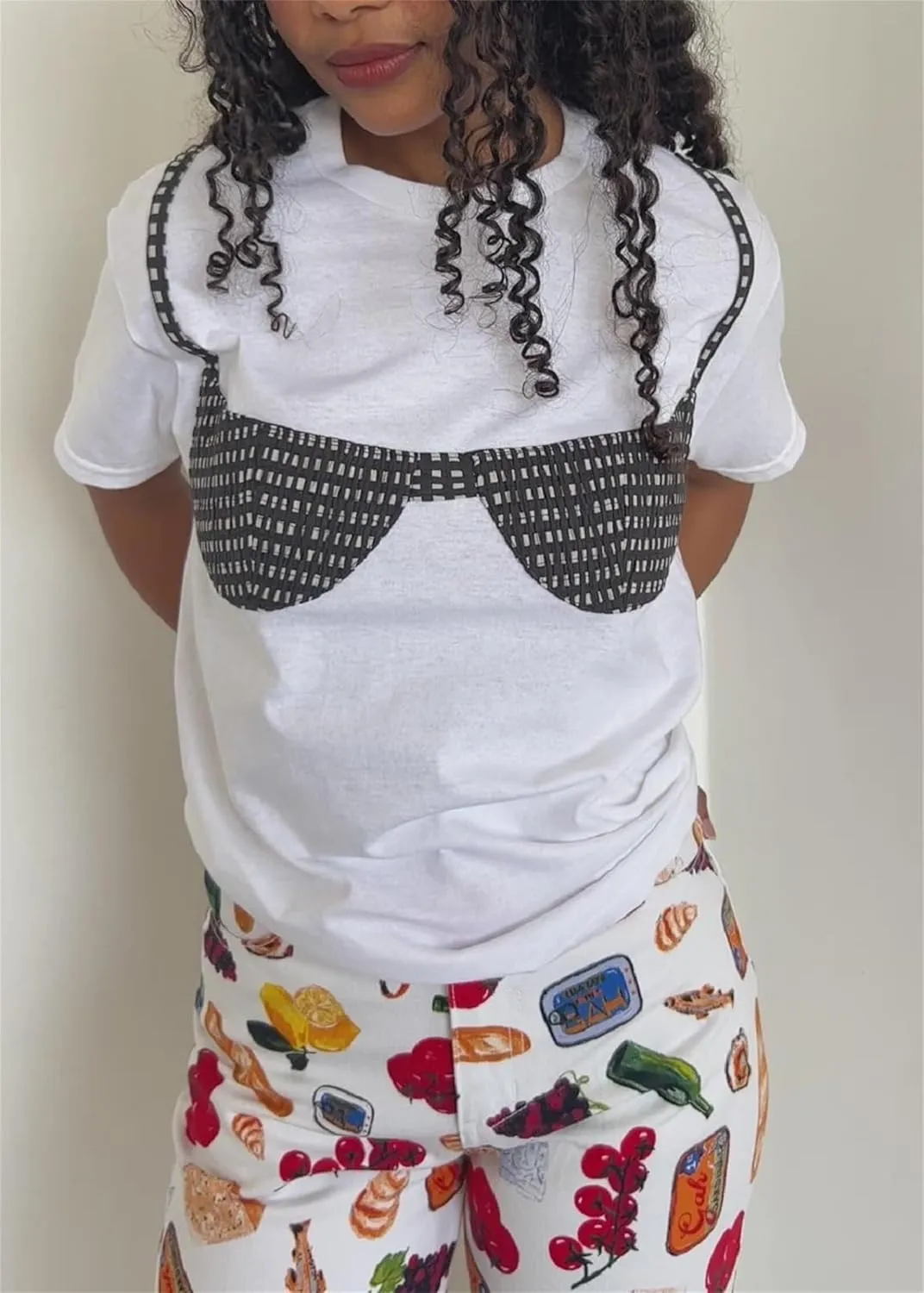 Women Y2k Smocked Shirt Bikini Bra Graphic Print Crewneck Short Sleeve Casual Shirts Summer Aesthetic White Tee Top