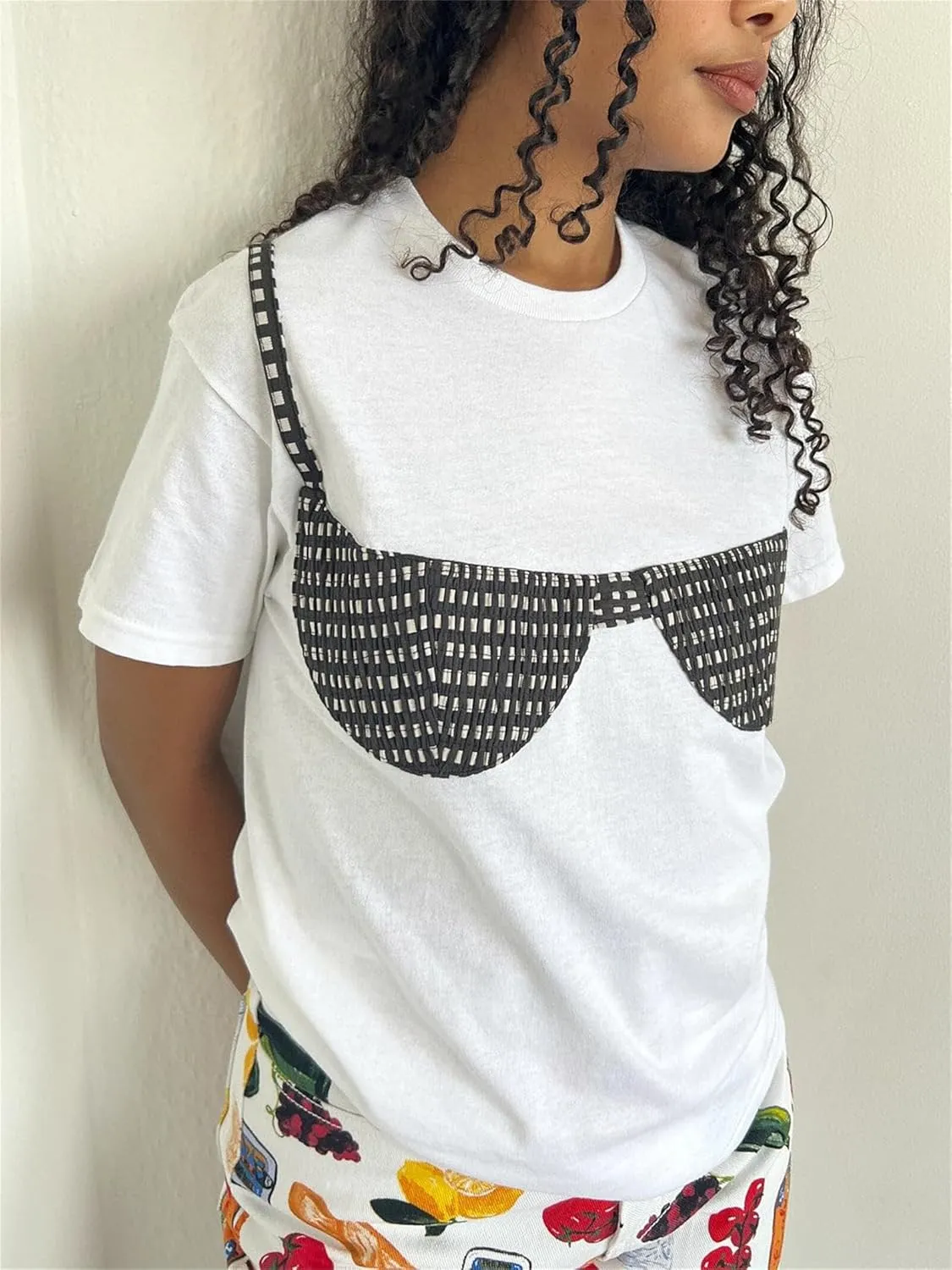 Women Y2k Smocked Shirt Bikini Bra Graphic Print Crewneck Short Sleeve Casual Shirts Summer Aesthetic White Tee Top