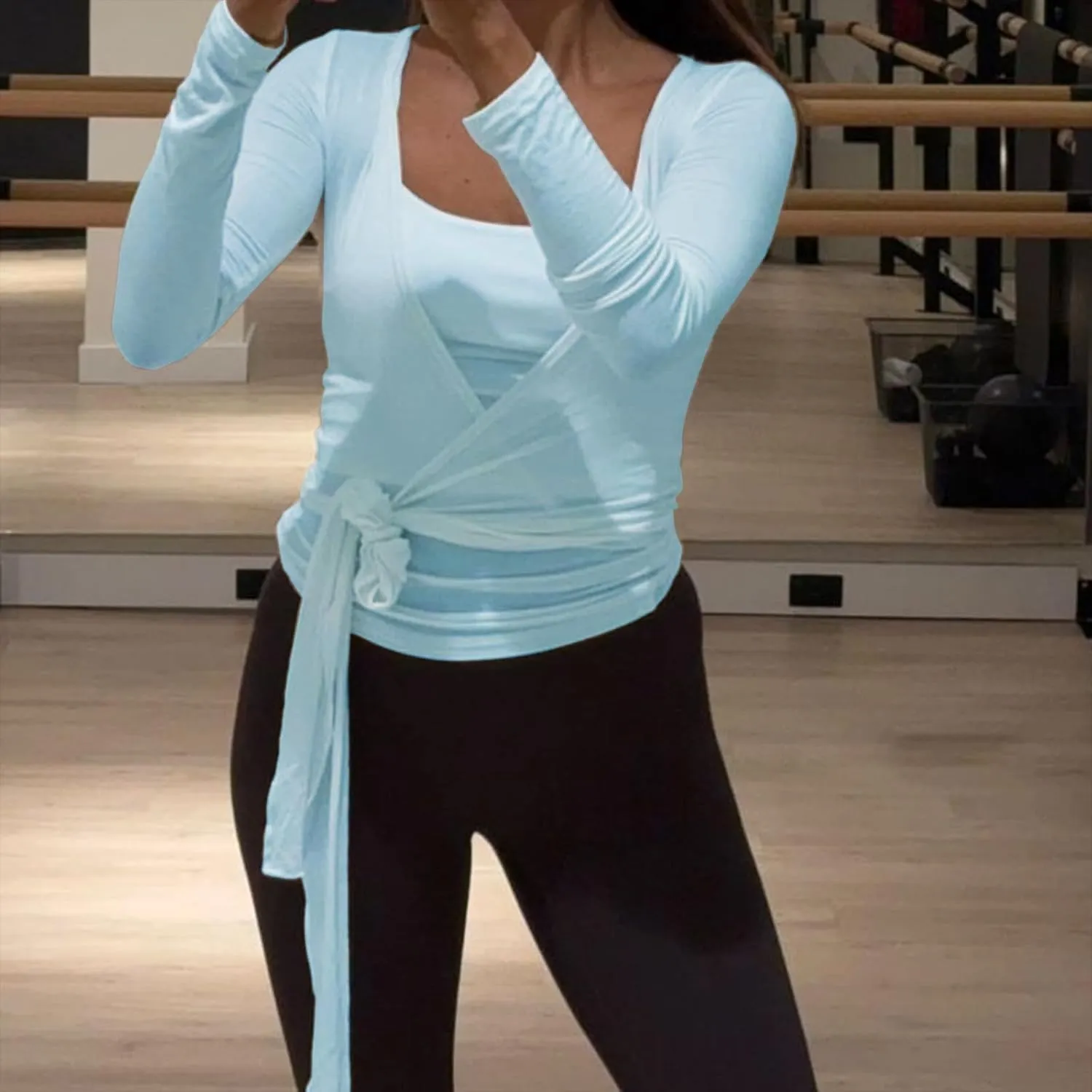 Women Yoga Y2k Cross Wrap Tie Crop Top Long Sleeve Deep V Neck Olid Slim Fit T Shirt Ballet Wrap Blouse Workout Top