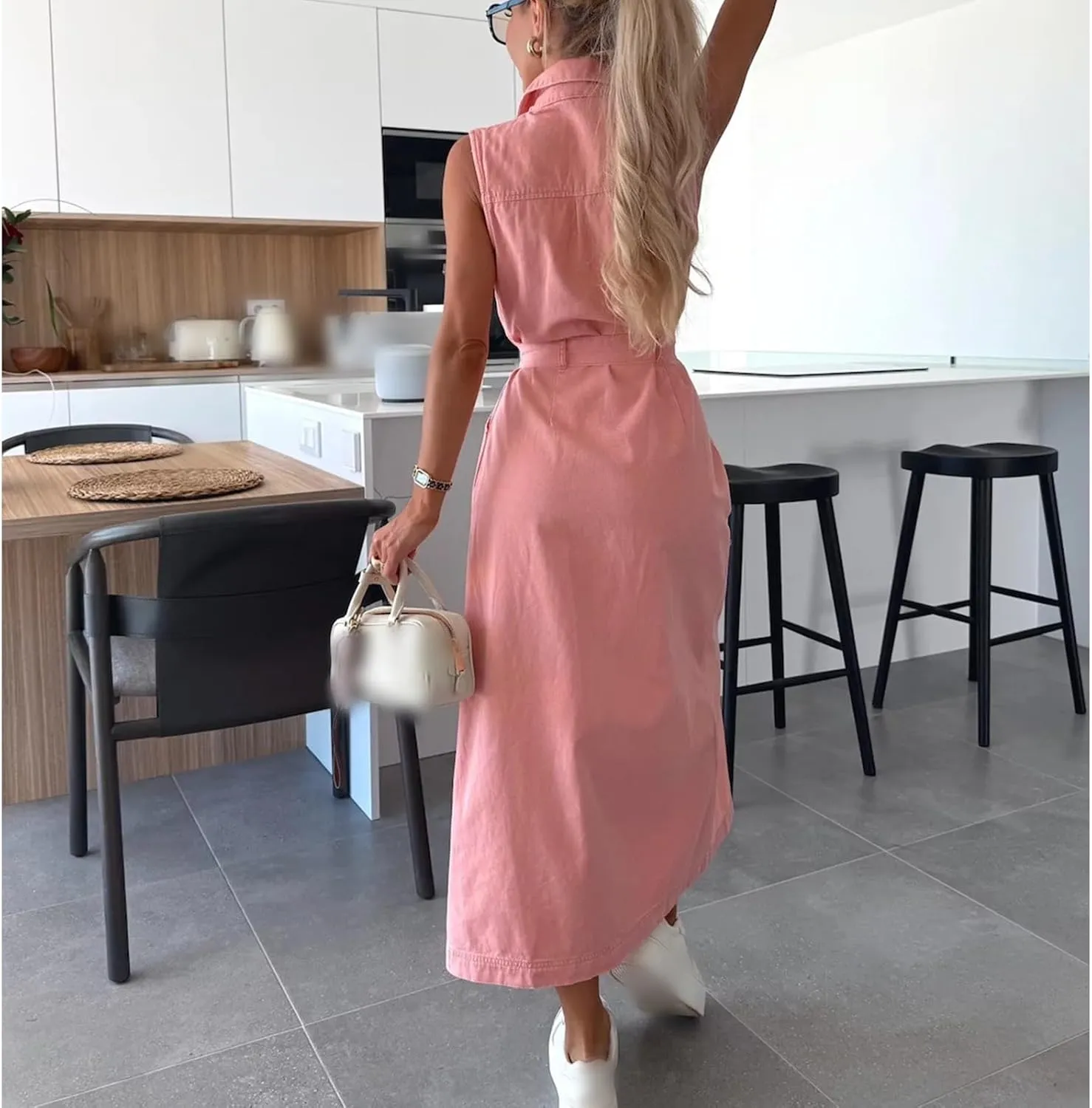 Women's 2025 Long Sleeveless Lace-Up Denim Dress, Lapel Sleeveless Denim Shirt Dress Button Down Belted Jean Dresses
