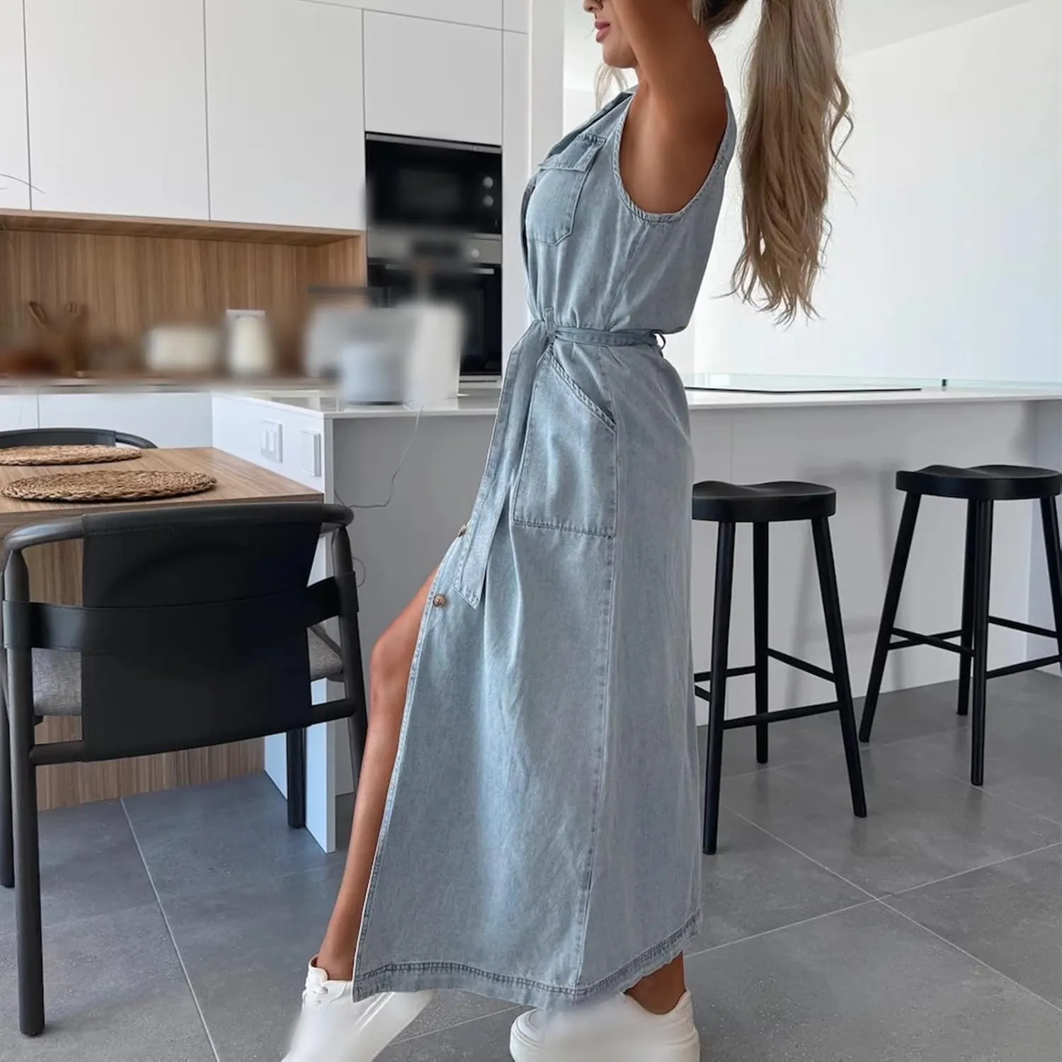 Women's 2025 Long Sleeveless Lace-Up Denim Dress, Lapel Sleeveless Denim Shirt Dress Button Down Belted Jean Dresses