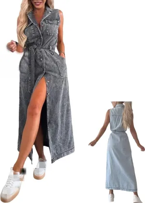 Women's 2025 Long Sleeveless Lace-Up Denim Dress, Lapel Sleeveless Denim Shirt Dress Button Down Belted Jean Dresses