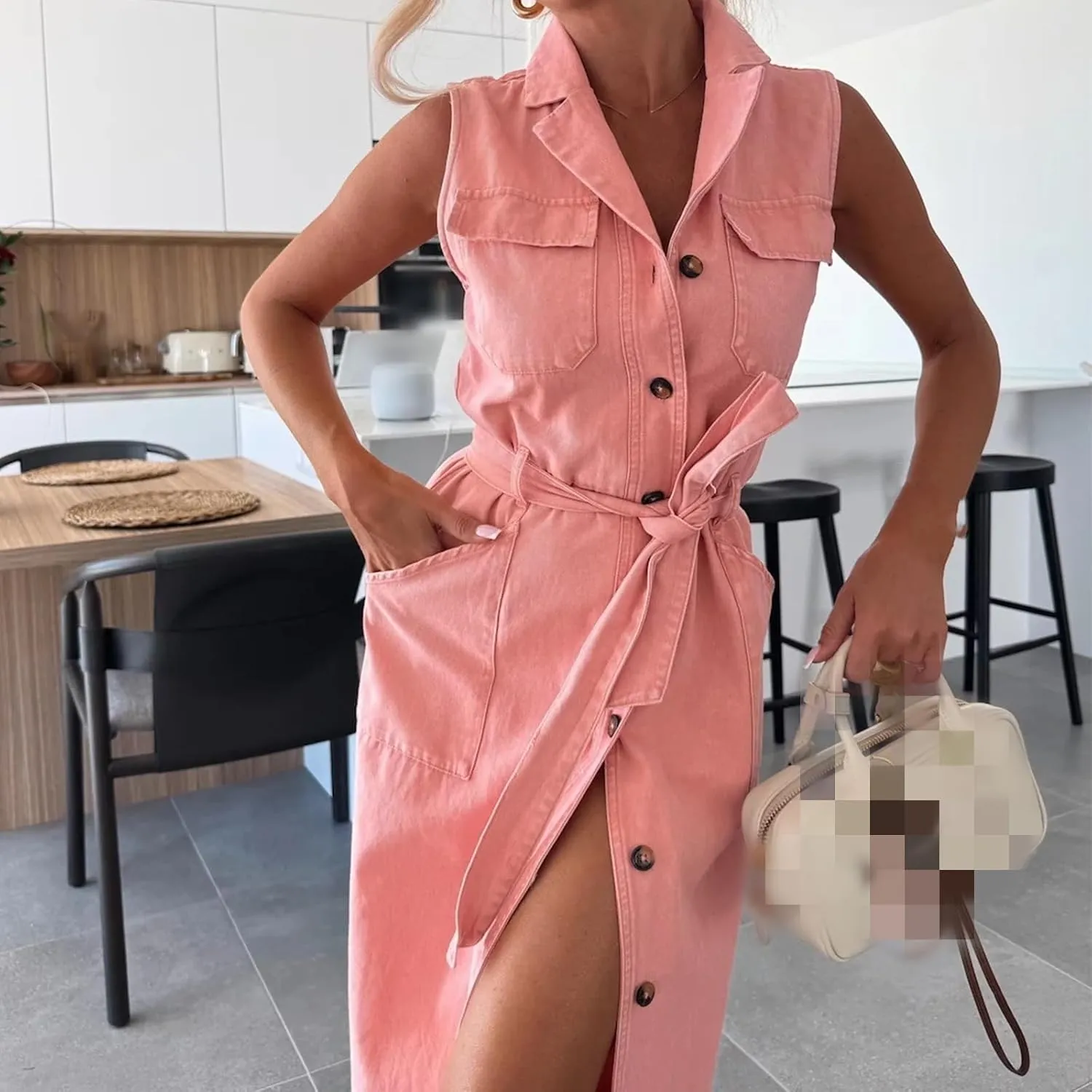 Women's 2025 Long Sleeveless Lace-Up Denim Dress, Lapel Sleeveless Denim Shirt Dress Button Down Belted Jean Dresses