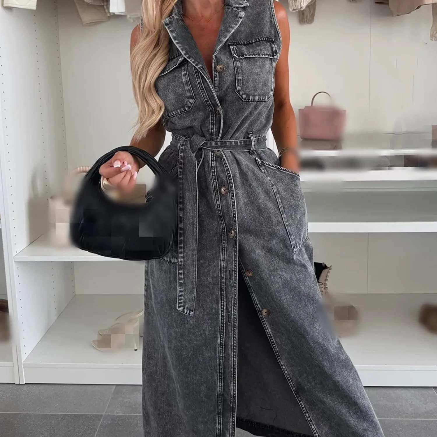 Women's 2025 Long Sleeveless Lace-Up Denim Dress, Lapel Sleeveless Denim Shirt Dress Button Down Belted Jean Dresses
