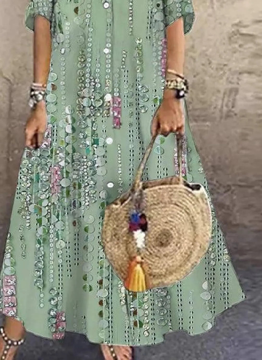 Women's 2025 Summer Green Half Sleeve Maxi Dresses Floral Print V-Neck High Waisted Swing Music Festivals Shift Dress