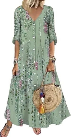 Women's 2025 Summer Green Half Sleeve Maxi Dresses Floral Print V-Neck High Waisted Swing Music Festivals Shift Dress