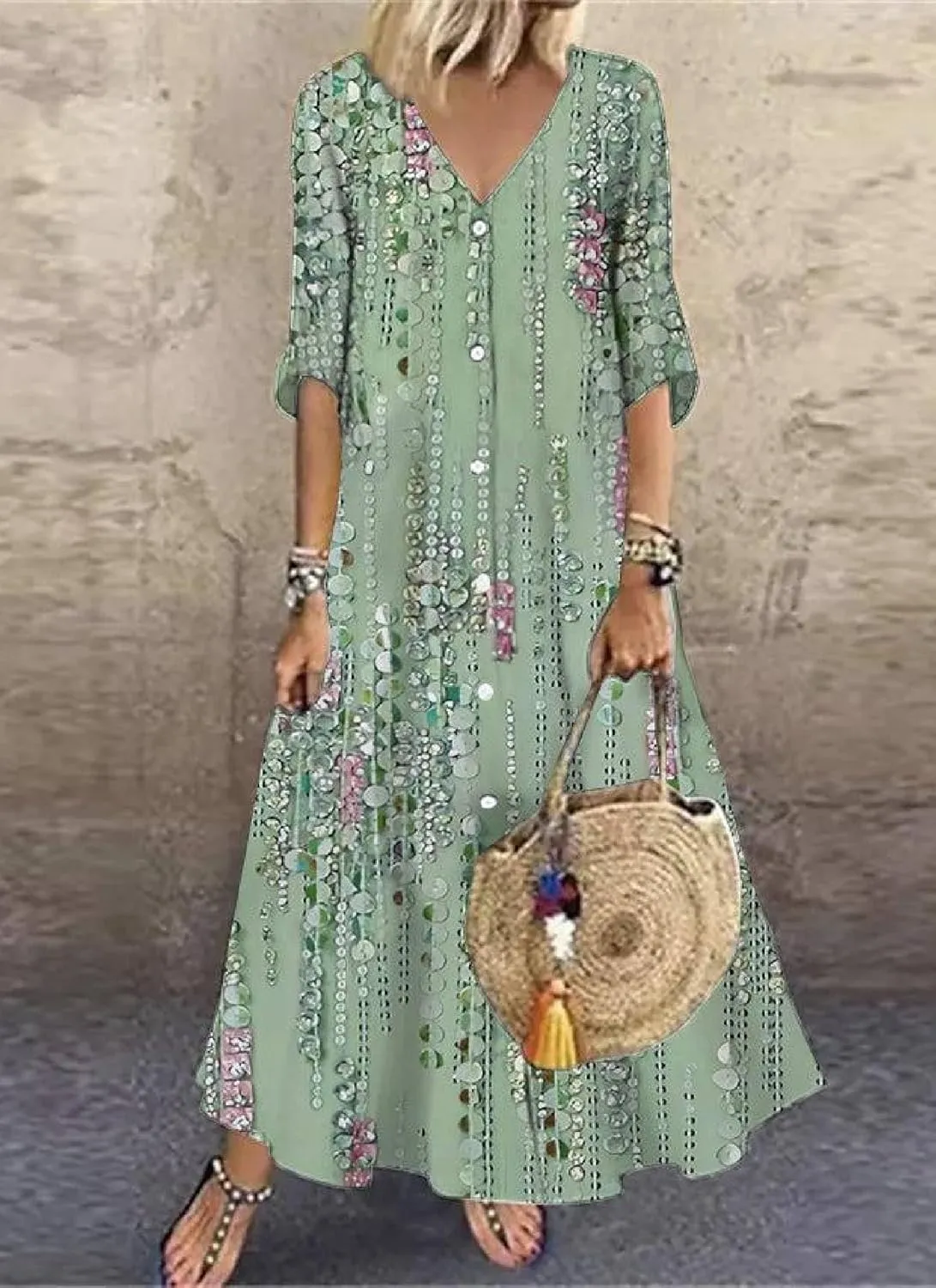 Women's 2025 Summer Green Half Sleeve Maxi Dresses Floral Print V-Neck High Waisted Swing Music Festivals Shift Dress