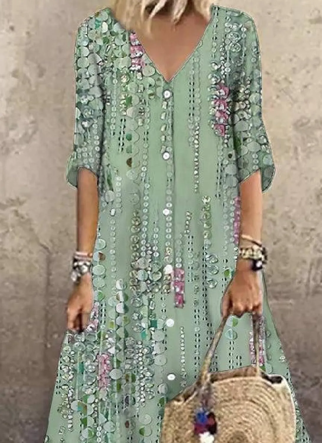 Women's 2025 Summer Green Half Sleeve Maxi Dresses Floral Print V-Neck High Waisted Swing Music Festivals Shift Dress