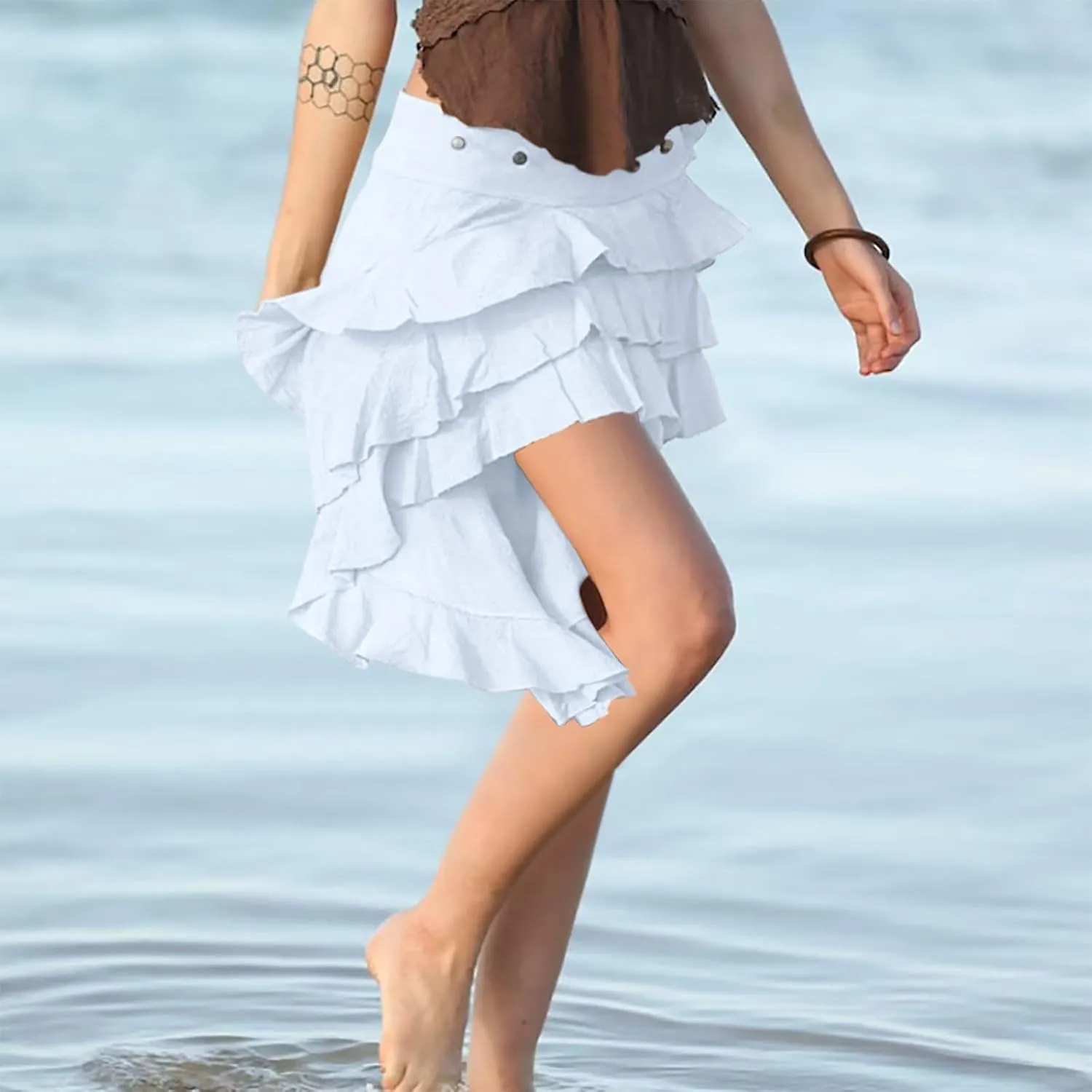 Womens Asymmetrical Hem Ruffle Skirts High Waisted Pleated Skirt Elastic Layered Mini Skirts A Line Beach Skirt