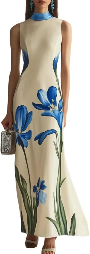 Women's Beige Sleeveless Mock Neck Shift Maxi Dress with Blue Floral Print Elegant Chic 2025 Summer Fashion Clothes